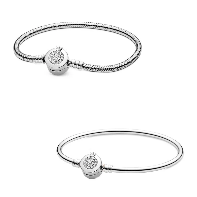 

Authentic 925 Sterling Silver Moments Sparkling Crown O Clasp Snake Chain Bracelet Bangle Fit Bead Charm Diy Fashion Jewelry
