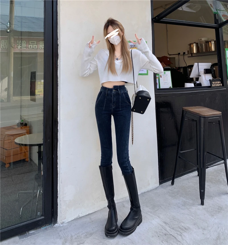 N0593   The new high-waist all-match slim and irregular elastic feet ankle jeans