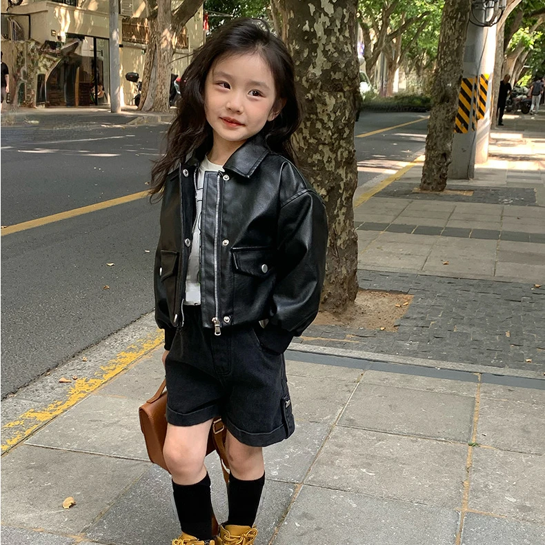 

2023 Girls Faux Leather Jacket Solid Long Sleeve Zipper Coat Girls Loose Childrens' Jacket Spring Autumn Kids Clothes