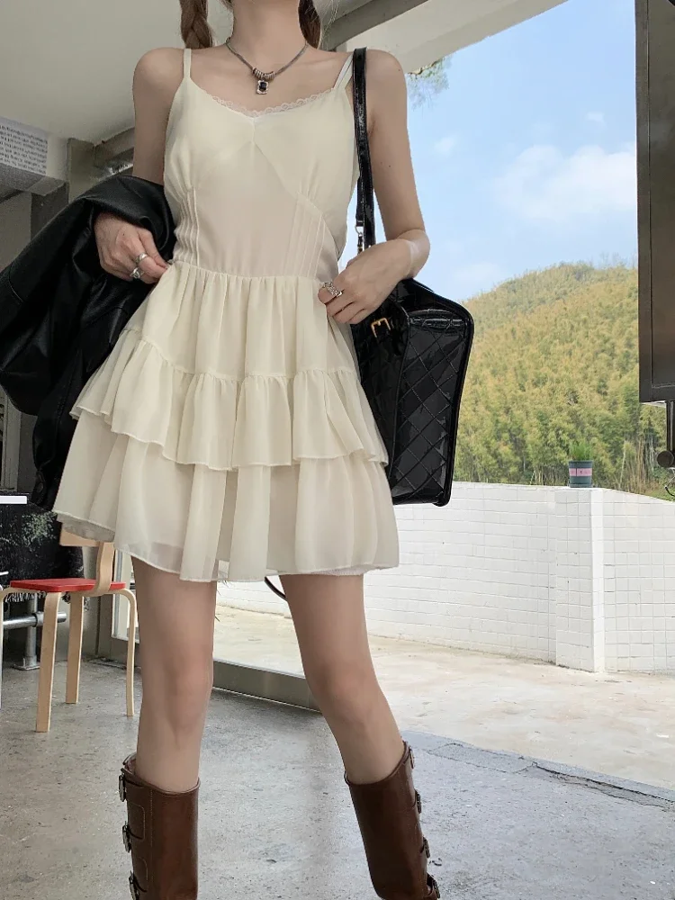 

Deeptown Korean Beige Mini Fairy Dress Women Y2k Aesthetic Vintage Mesh Ruffles Layered One Piece High Waist Slip Tunic Dresses