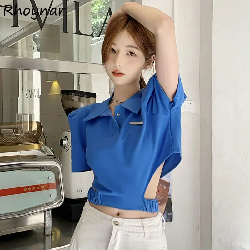 

T-shirts Women Sweet Hot Ladies Slim Crop Tops Summer 2022 New Trendy Hollow Out Popular Solid Cool Streetwear Chic Leisure Ins