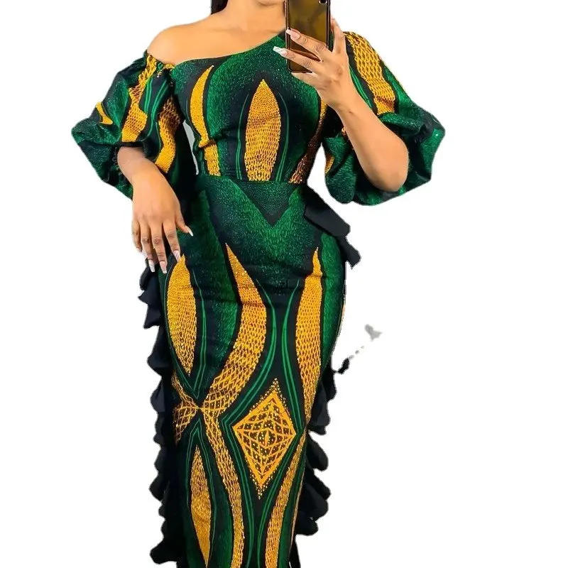 

African Dresses for Women Spring Autumn African Women Polyester Lantern Sleeve Half Sleeve Long Dress Maxi Dress African Clothes