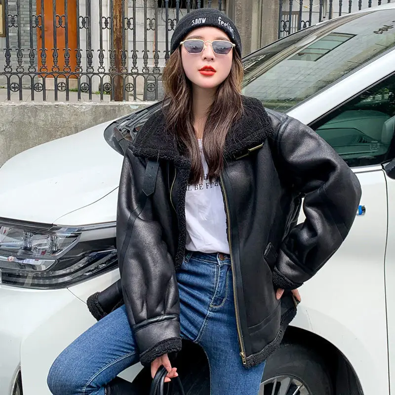Faux Leather Jacket Women Shearling Thicken Fashion Long Sleeve Zippers Moto Biker Outerwear Warm Winter Coats Female Clothing