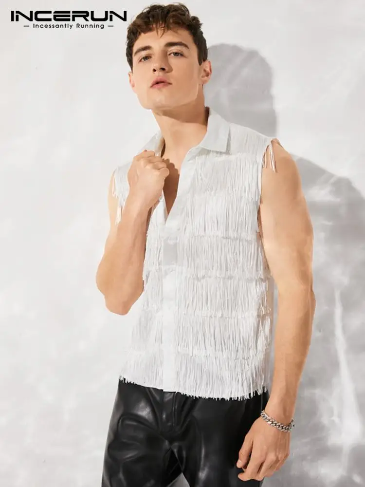 Fashion Casual Style Tops Handsome Men's Tassel Sleeveless Waistcoat Stylish Hot Sale Male Solid Personalized Lapel Shirts S-5XL