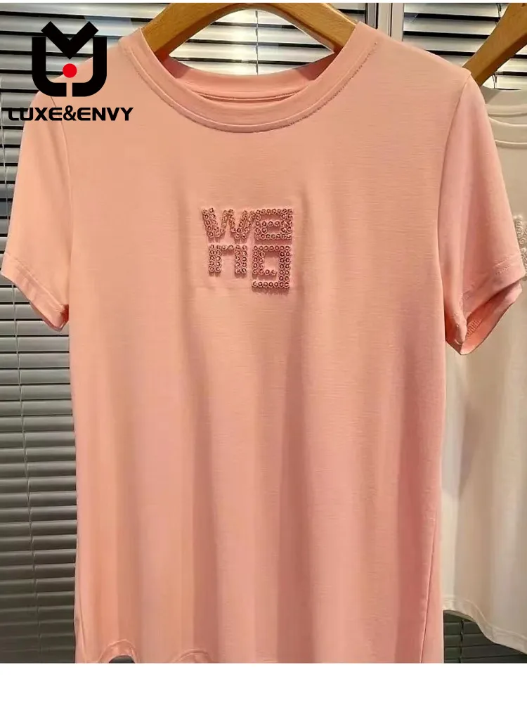 

Роскошная Летняя женская футболка люкс & ENVY с 3D вышивкой бисером и круглым вырезом, новая мода 2022 года, осень