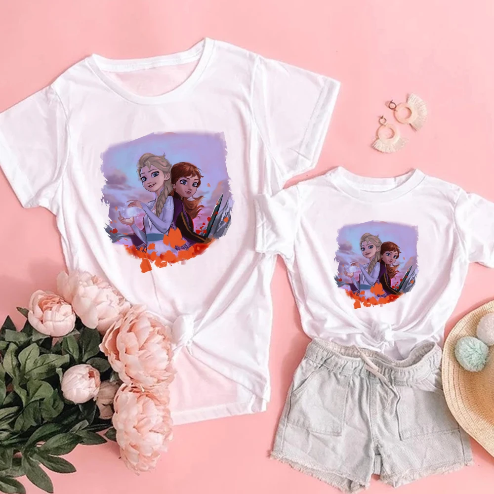 

Летняя футболка для девочек «Холодное сердце», «Анна и Эльза», комплекты одежды, белый топ с короткими рукавами для матери и дочери, 2022 Disney ...