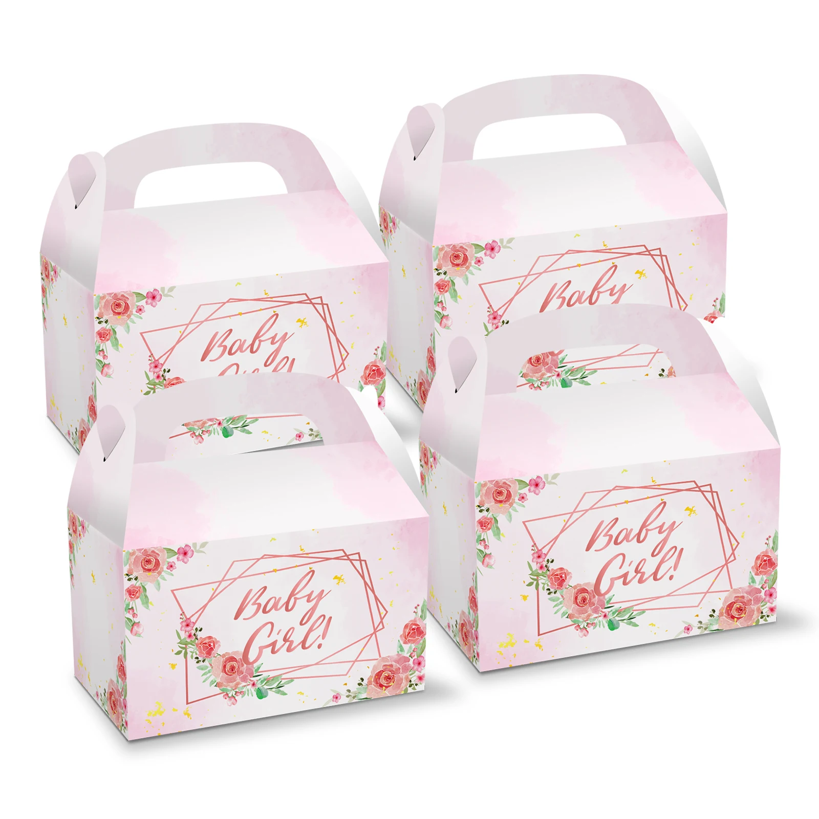 

DD030 4Pcs Sweet Baby Girl Party Paper Portable Gift Boxes Rose Flowers Happy Birthday Baby Shower Party Candy Packing Gift Bag