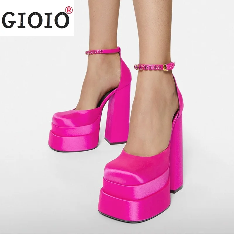 

Women Platform Shoes Square Toe High Heels Designer Shoes Rhinestone Candy Color Thick Bottom Sandals Party Luxury Wedding Shoes