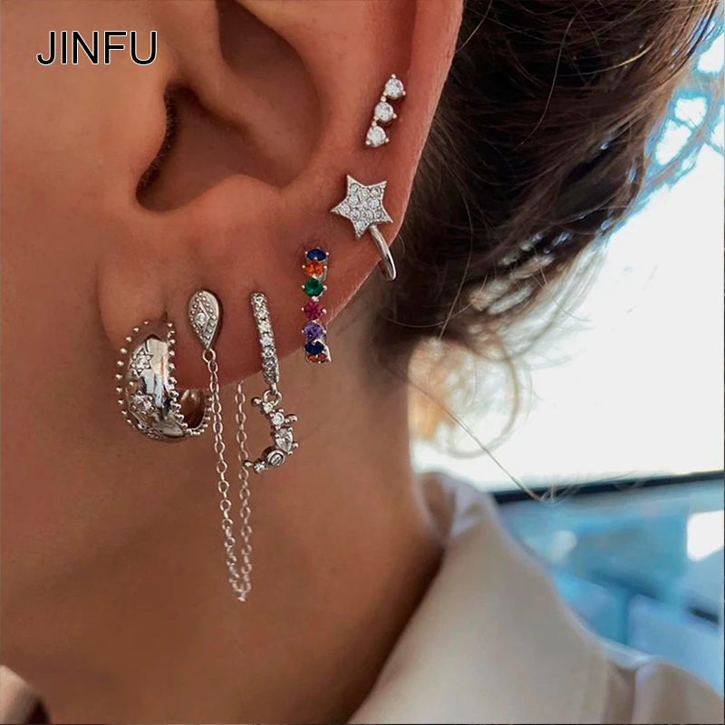 

JINFU Boho Earrings Set for Women Copper Gold Plated CZ Zircon Piercing Women's Stud Clip Dangle Earrings 2023 Jewelry Wholesale