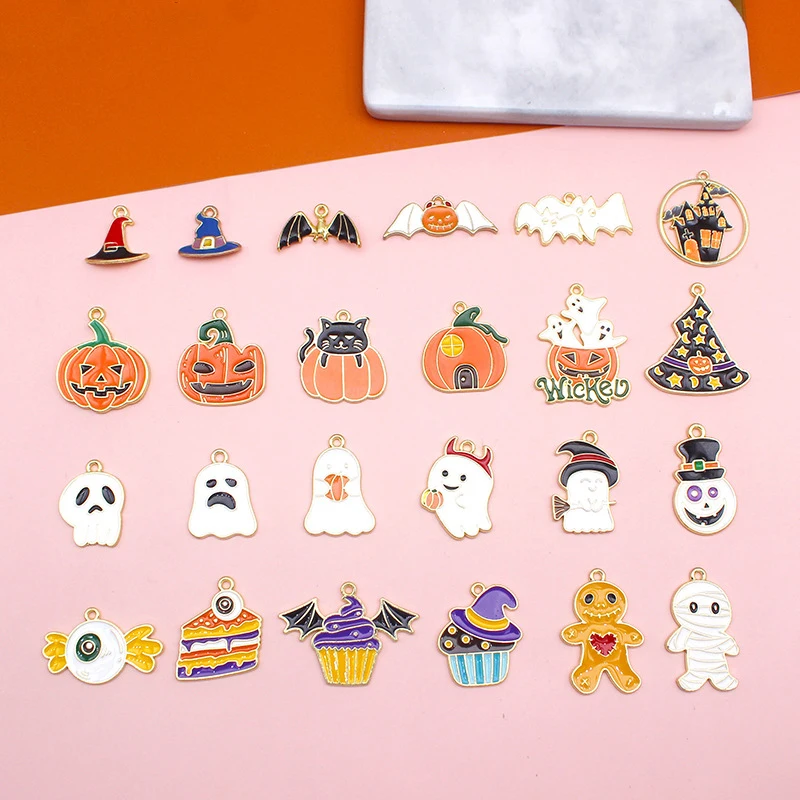 

100PCS Halloween DIY Alloy Charm Enamel Ghost Pumpkin Jewelry Making Earring Necklace Keychain Pendant Decoration Materials