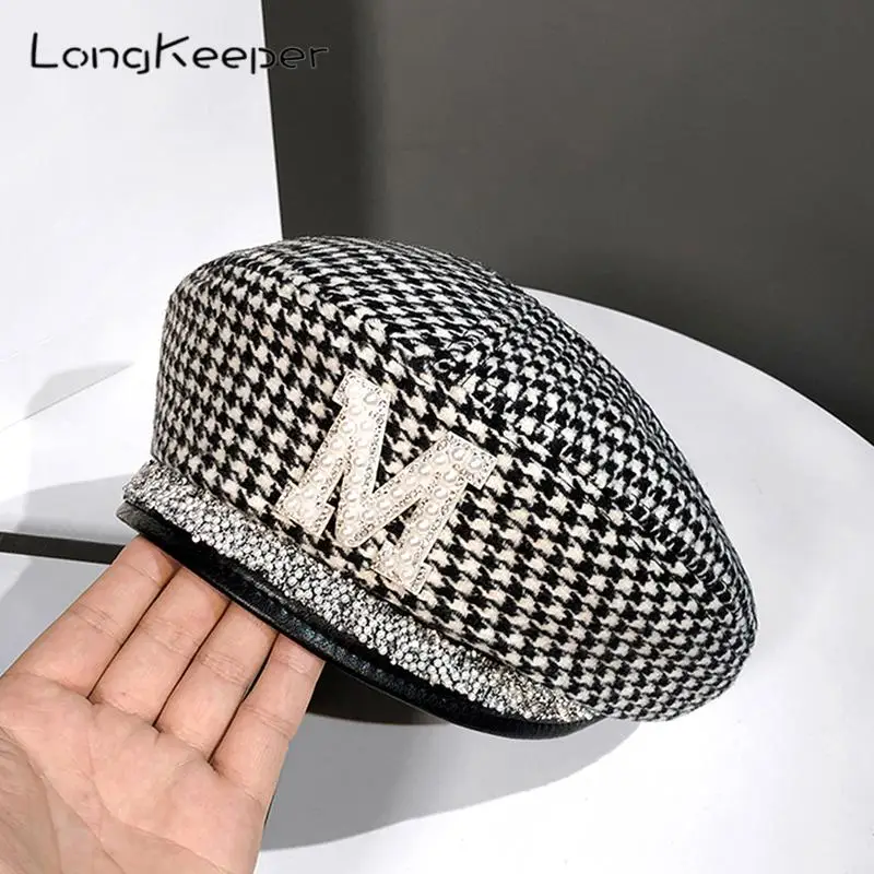 

Модный женский берет с рисунком «гусиные лапки» в стиле ретро с буквами м, художественные шапки художника, дамские универсальные регулируе...