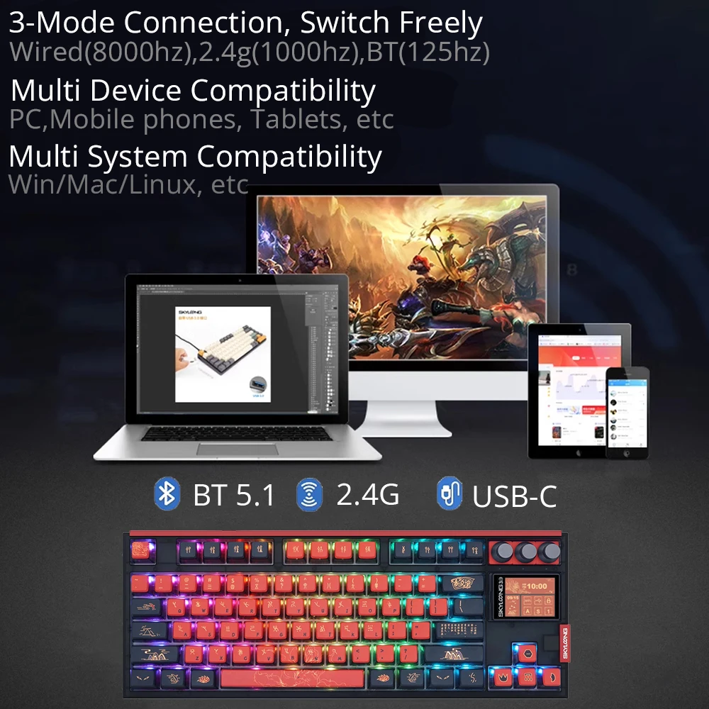 Фото SKYLOONG GK87 Pro Беспроводные игры Клавиатура 8 Гц частота опроса TKL Механическая клавиатура PBT Горячая сублимация Клавиша RGB подсветка Bluetooth 80% с ручкой Клавиатура Горячая розетка Расщепление пробелы клавиши №4