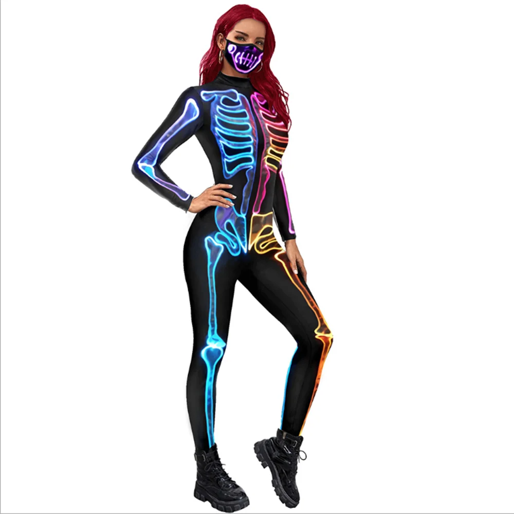 

Halloween Jumpsuit Glow Fluorescent Skull Sexy Women Devil Ghost Party Carnival Performance Scary Costume Skeleton Bodysuit