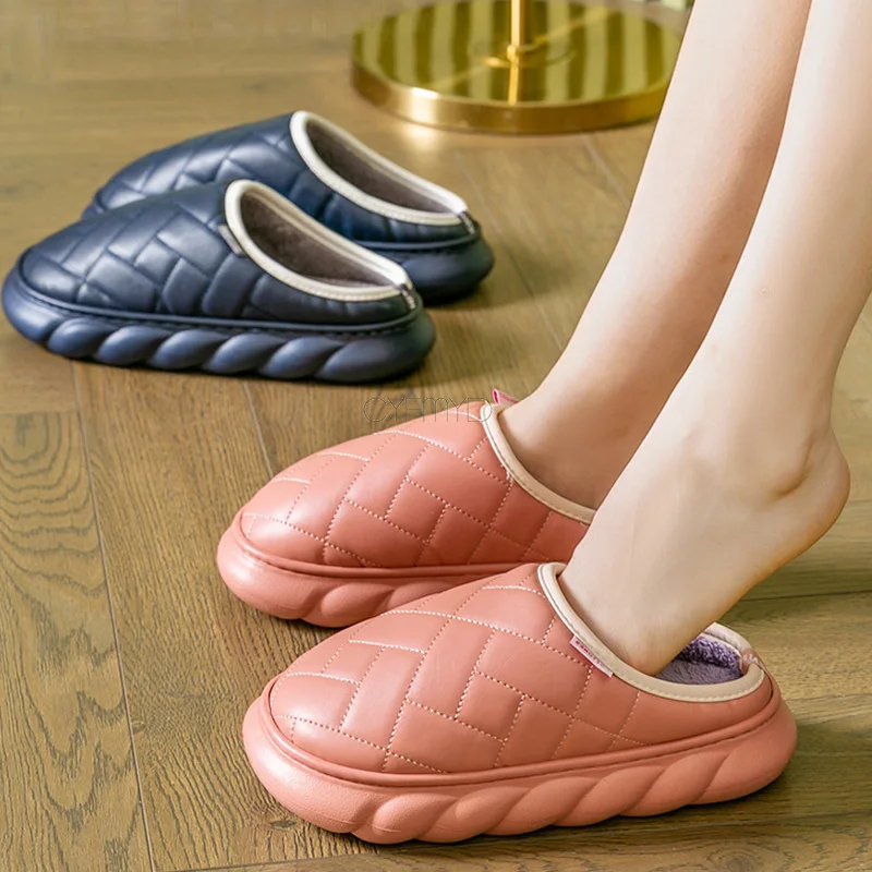 Women Leather Slippers Home Platform Gingham Women Winter Slippers Fashion Concise Solid Female Shoes Indoor Couple Warm Elegant