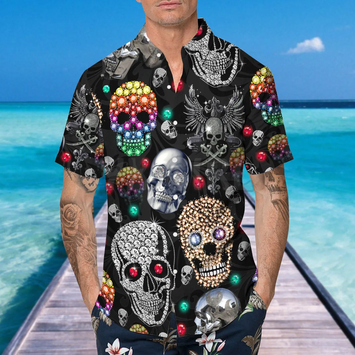 Colorful Diamond Skull 3D All Over Printed Hawaiian Shirt Men's For Women's Harajuku Casual Shirt Unisex