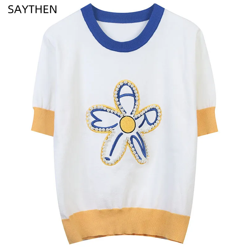 

SAYTHEN женская летняя новая Стильная трикотажная футболка контрастных цветов в полоску ромашки цветок вышивка бисером милые тонкие топы с кр...