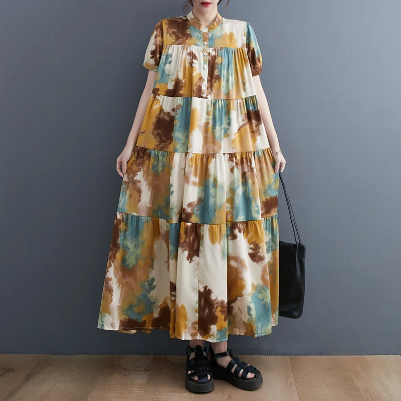 

SuperAen Women's 2023 Spring and Summer New Korean Loose Printed Patchwork Shirt Dress