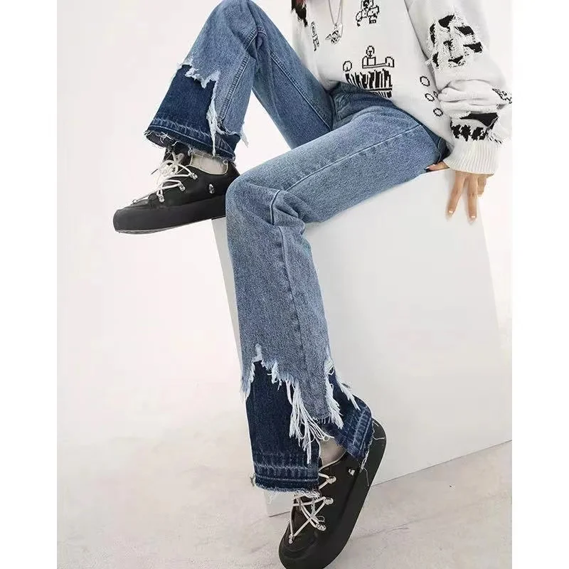 

High Waist Slit Jeans Woman Designer Straight High Street Wide Leg Denim Trousers Female Distressed Washed Blue Chic Pants