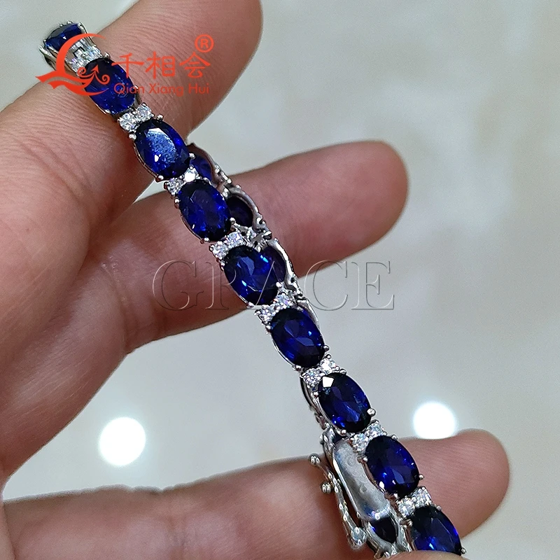 4*6mm oval shape  artifical blue color sapphire Tennis Bracelet S925 Silver white Moissanite Bracelet chain fine jewelry