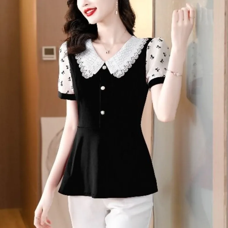 Блузка женская летняя с принтом модный кружевной свободный пуловер воротником