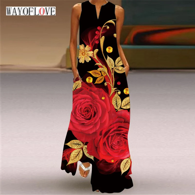 

WAYOFLOVE Ladies Spring Summer Black Long Dress Loose Sleeveless V-neck Flower Print Elegant Dresses Party Boho Beach Maxi Dress