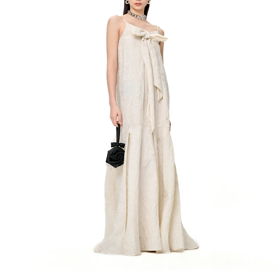 

Жаккардовое платье с крупным подолом рыбий хвост, окрашенное в растительную текстуру, Формальные платья, новинка 2023, темпераментное классическое платье с бантом и лямкой на шее