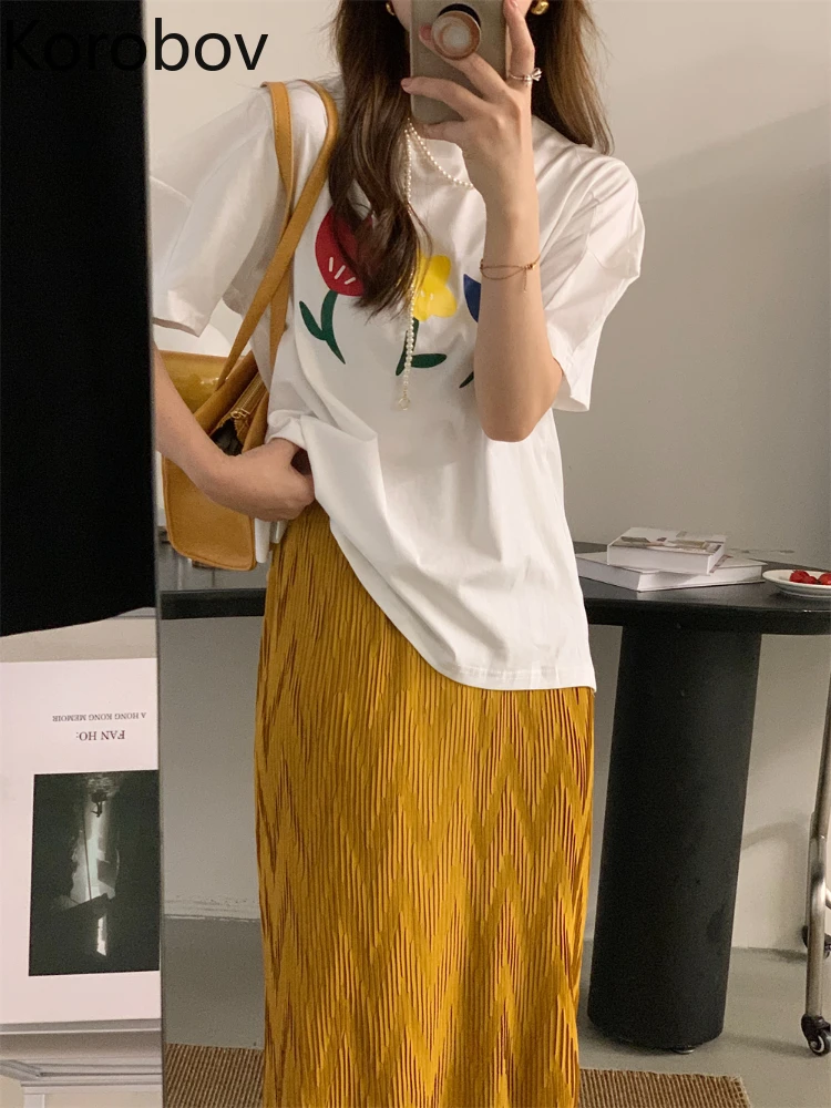 

Korobov Chic Printing Flowers Back Slit Temperament Two Piece Set Short Sleeve Folds Summer Vintage Ensembles De Jupes WOMEN