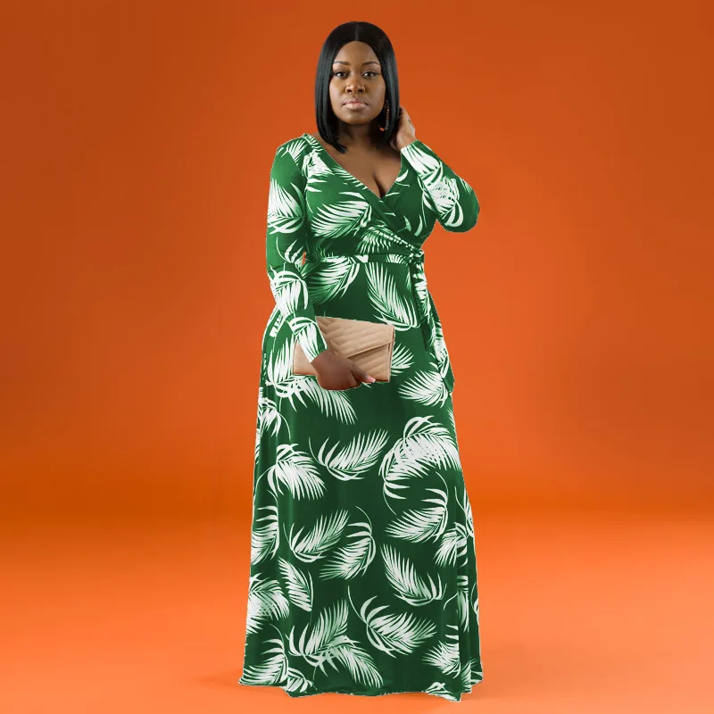 

Casual Print V-neck Maxi Dress Women Elegant Long Sleeves Lace Up Wrap Dresses Female Holiday Vestido