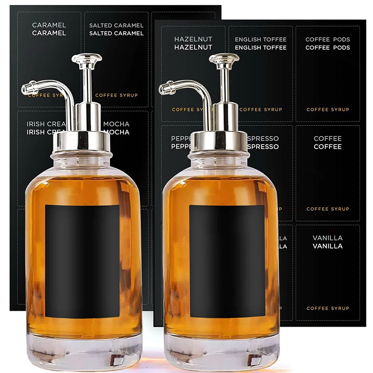 

2 Pcs Coffee Syrup Dispenser Set with 18 Labels 16.9 oz 500 ml Coffee Syrup Container Minimalist Clear Glass Syrup Bottle