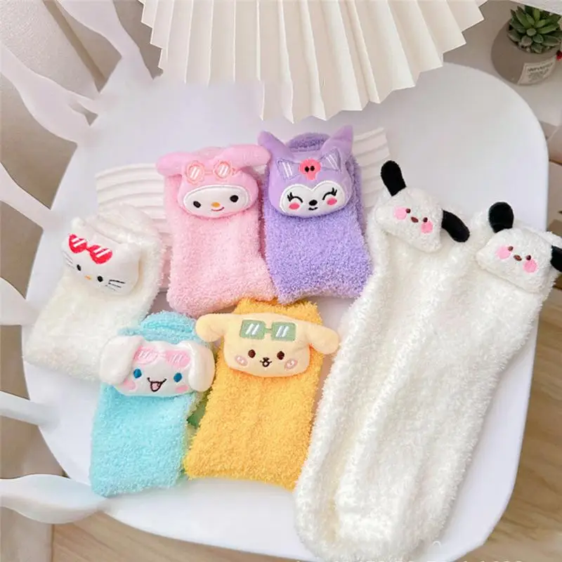

New Kawaii Sanrio Hellokitty Kuromi Mymelody Cinnamoroll Pochacco Pompompurin Socks Plush Floor Socks Birthday Gift For Girls