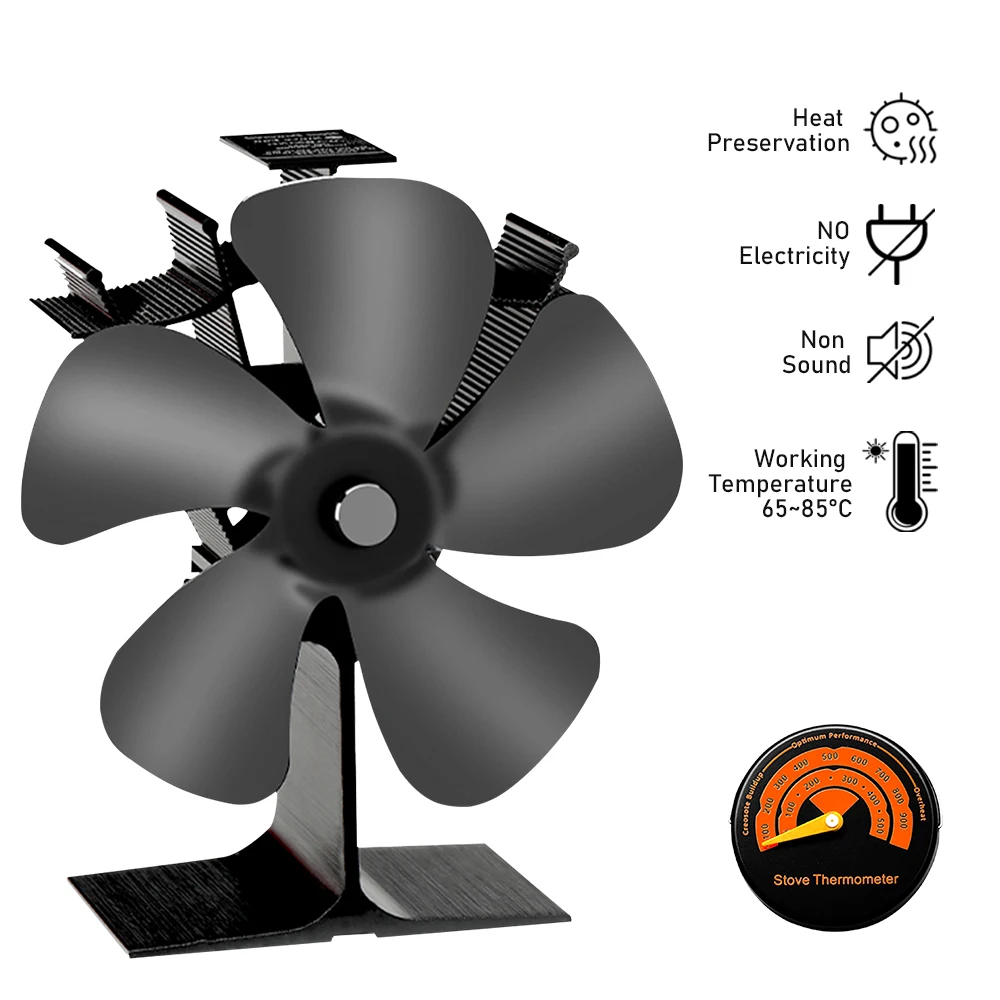 

Black Fireplace 5 Blades Heat Powered Stove Fan Log Wood Burner Eco-fan Quiet Home Fireplace Fan Efficient Heat Distribution