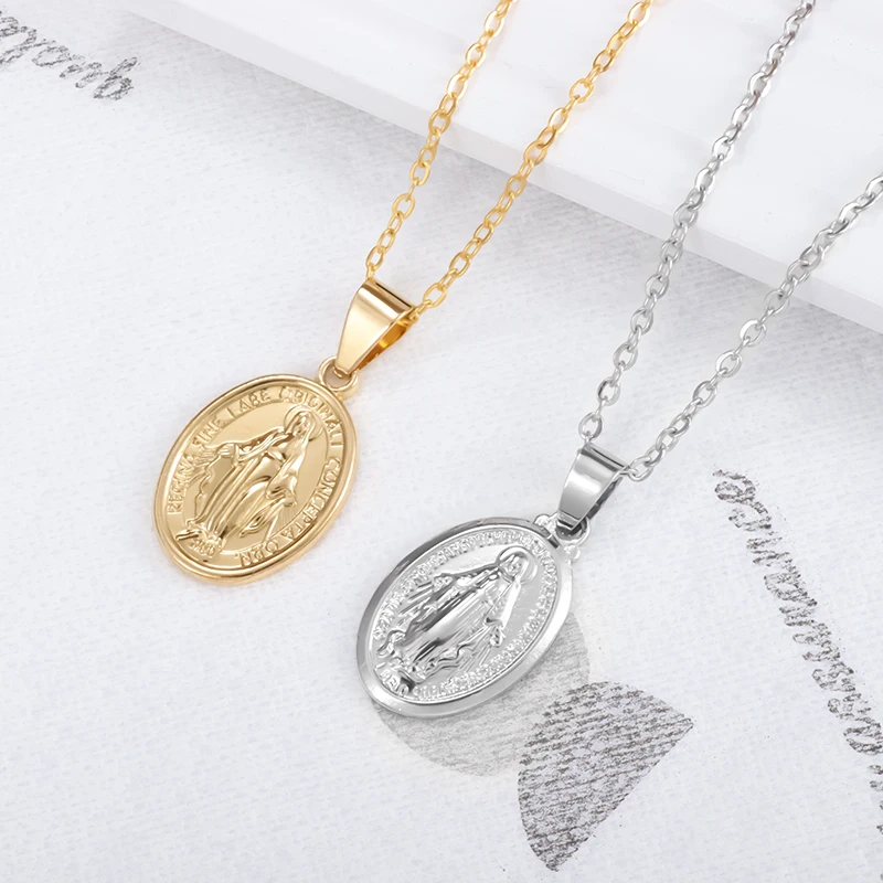 

Religious Style Virgin Mary Gold Plated Medal Pendant Necklace Classic Catholic Prayer Amulet Jewelry