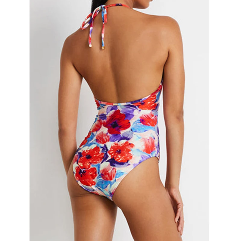 2023 Flower Print Women One-piece Swimsuit Retro Deep-V Gorgeous Red And Swimwear Summer Beach Wear Strappy Swimming Bath Suit