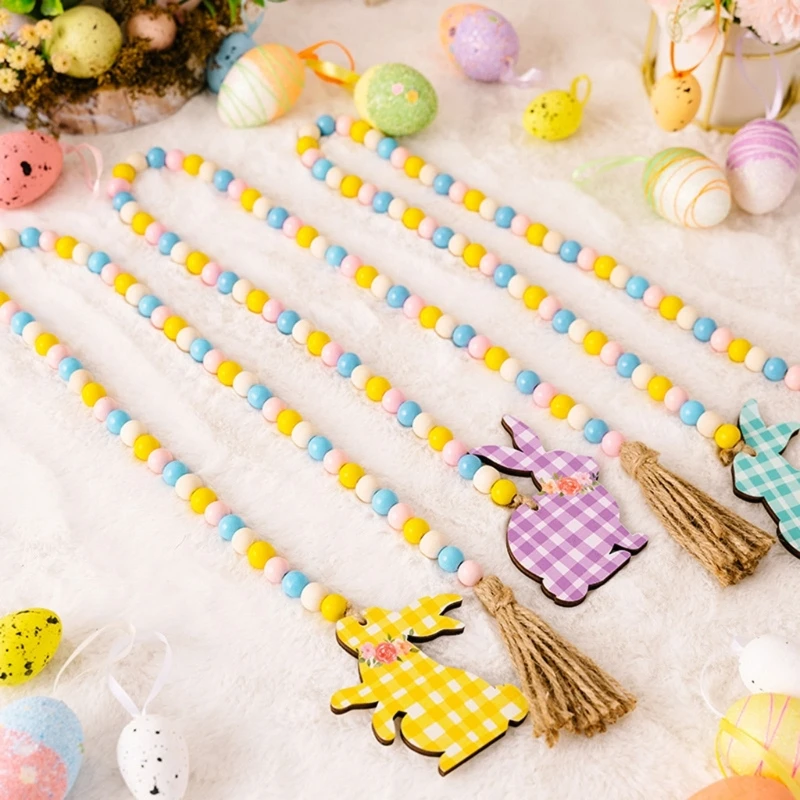 

Spring Wood Bead Garland with Tassels and Bunny Tag Farmhouse Rustic Decorations
