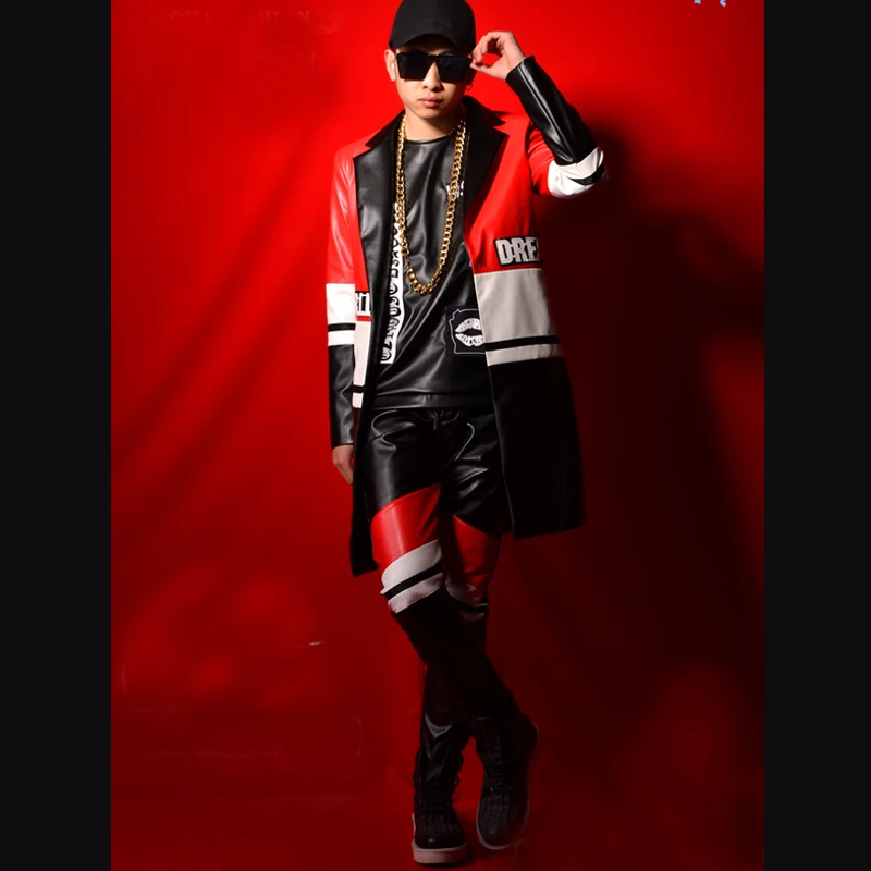 

Мужские кожаные костюмы, Длинные блейзеры, пальто, брюки, мужские кожаные костюмы, Модный повседневный костюм в стиле хип-хоп, куртка, брюки, костюм певицы, танцора