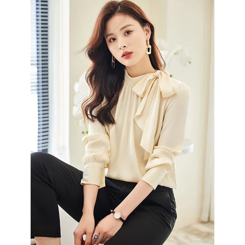 

Fashion Women Blouses & Shirts Long Sleeve Office Ladies Skirt and Tops Sets Apricot OL Style