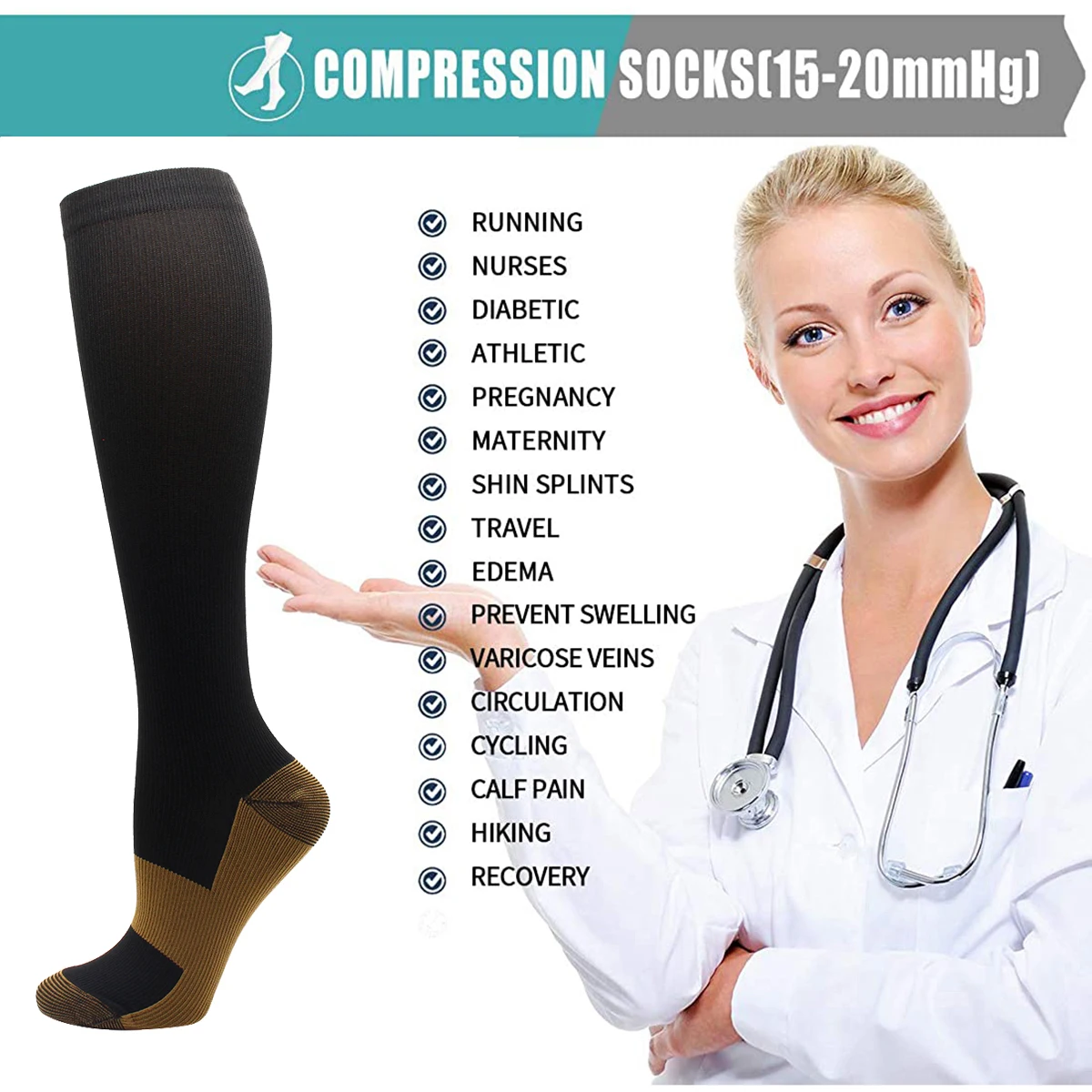 Compression Stockings Blood Circulation Promotion Slimming Compression Socks Anti-Fatigue Solid Black Color Men and Women Socks