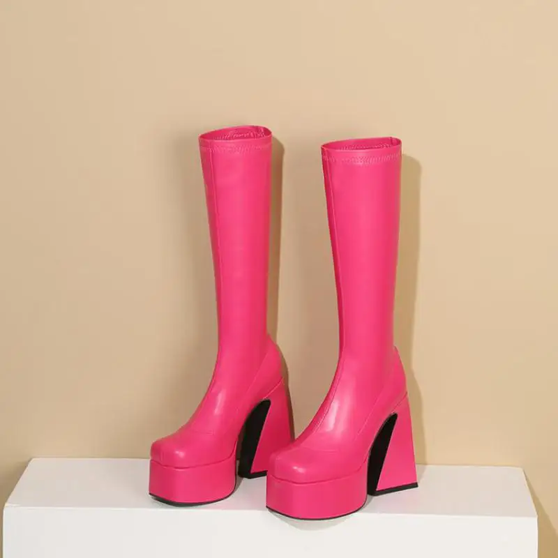 

Женские высокие сапоги из искусственной кожи, розово-красные сапоги до колена на высоком массивном каблуке, на платформе, большие размеры 34-43, для осени, 2023