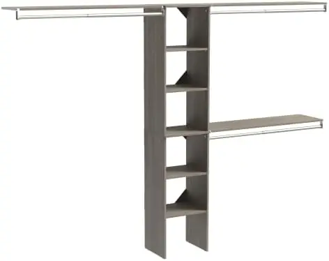 

Wood Closet Organizer Starter Kit with Tower and 3 Hang Rods Shelves, Adjustable, Fits Spaces 4 \u2013 9 ft. Wide, Natural Gray,