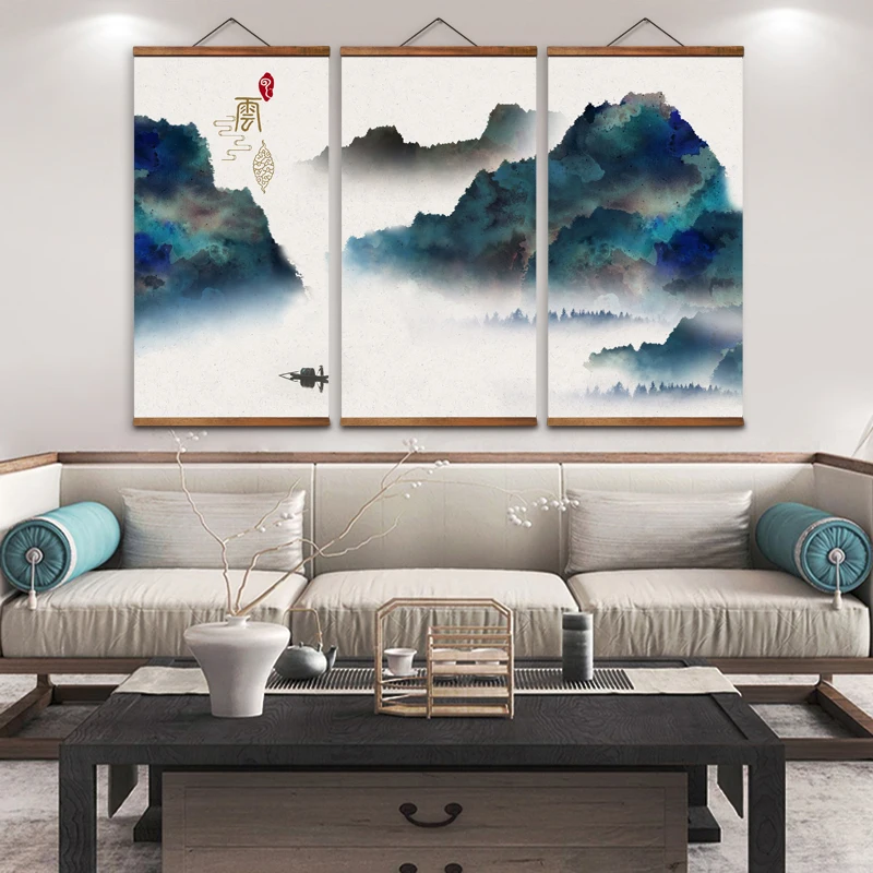 

MT0351 декоративные настенные художественные постеры в китайском стиле с чернилами для рыбалки лодки пейзажа из массива дерева