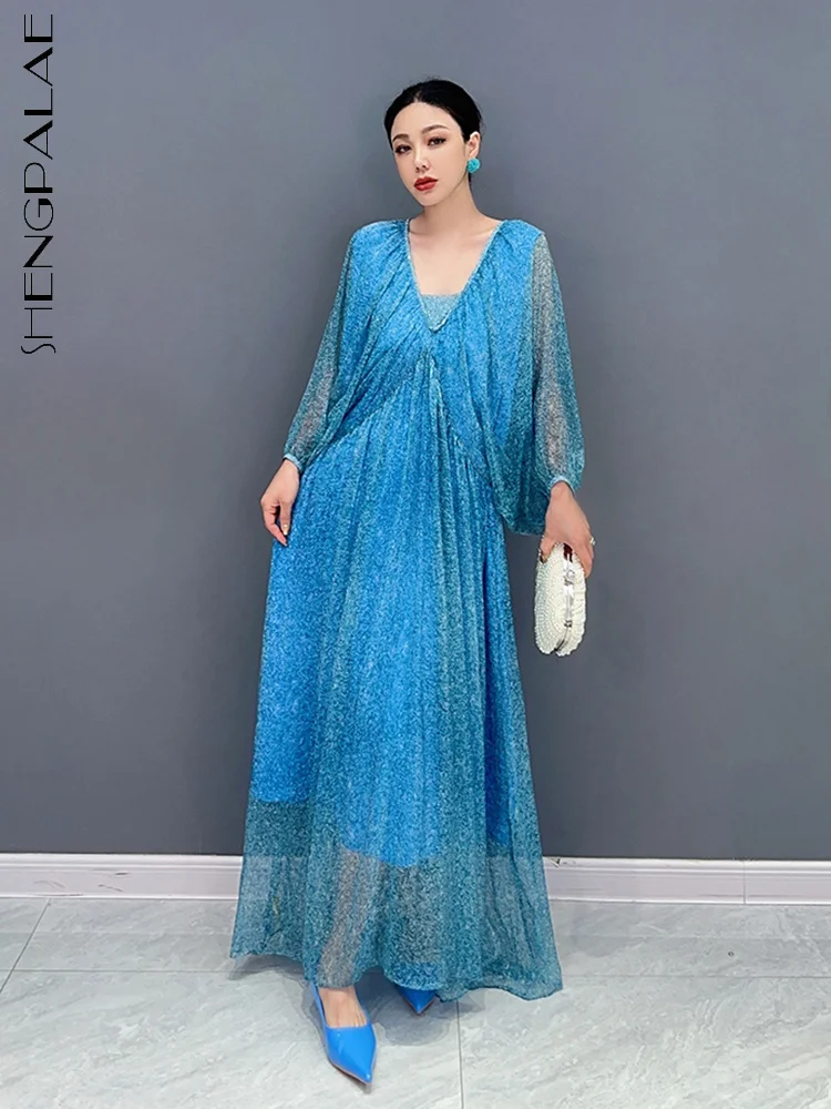 SHENGPALAE Fashion Tie Dye Dress For Women V-neck Batwing Sleeve Mesh Spliced A-line Sunscreen Vestido Summer 2023 New 5R4350
