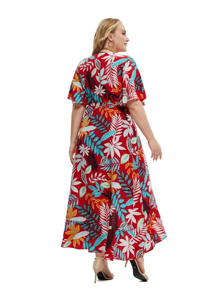 Plus size women summer new short-sleeved printed wrap dress  evening dresses  party dress
