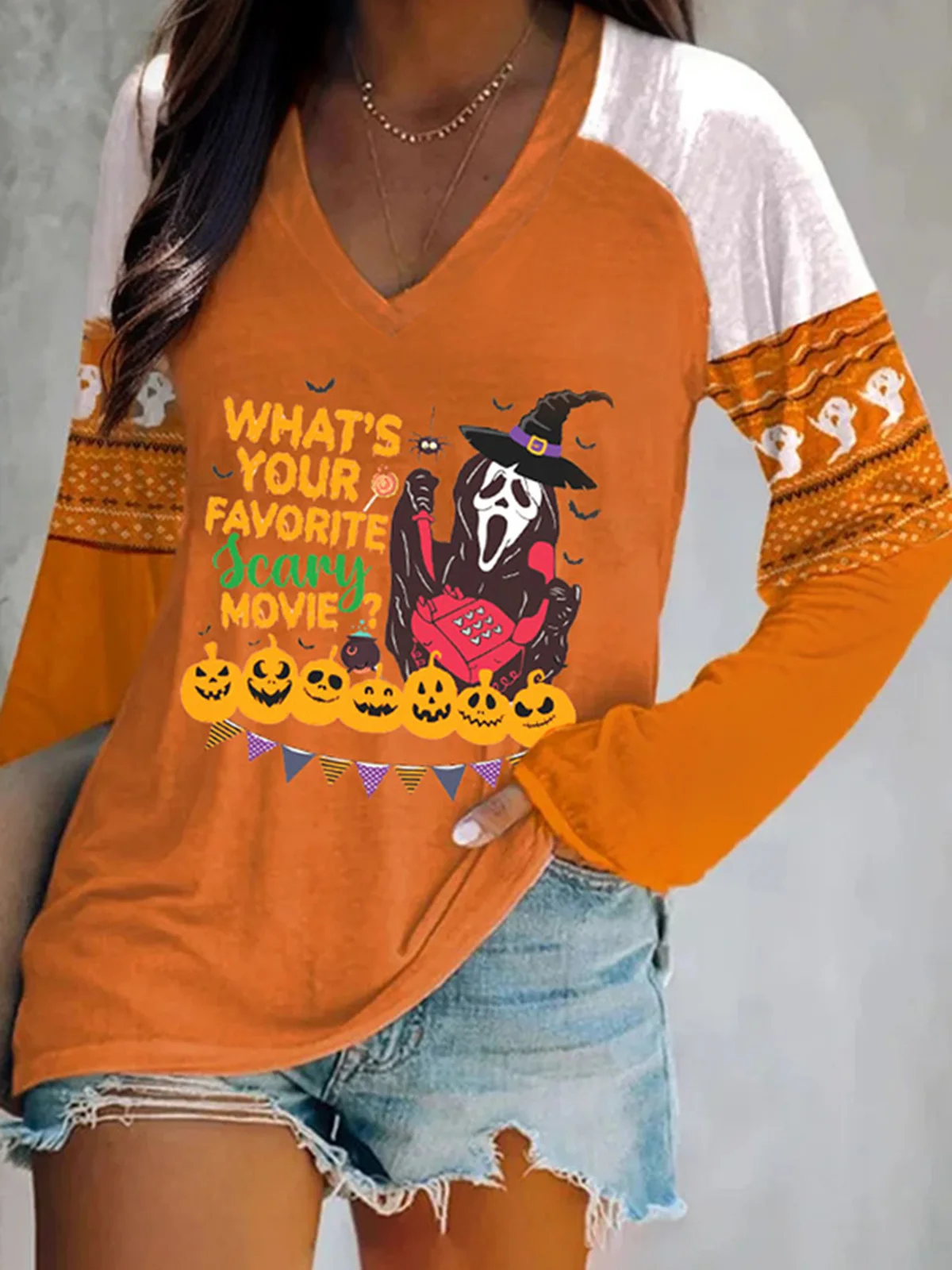 

2023 Halloween What's Your Favorite Scary Movie Ghost Face T-Shirt Tee Loose Novel Design Streetwear Y2K Outdoor Activities Tops