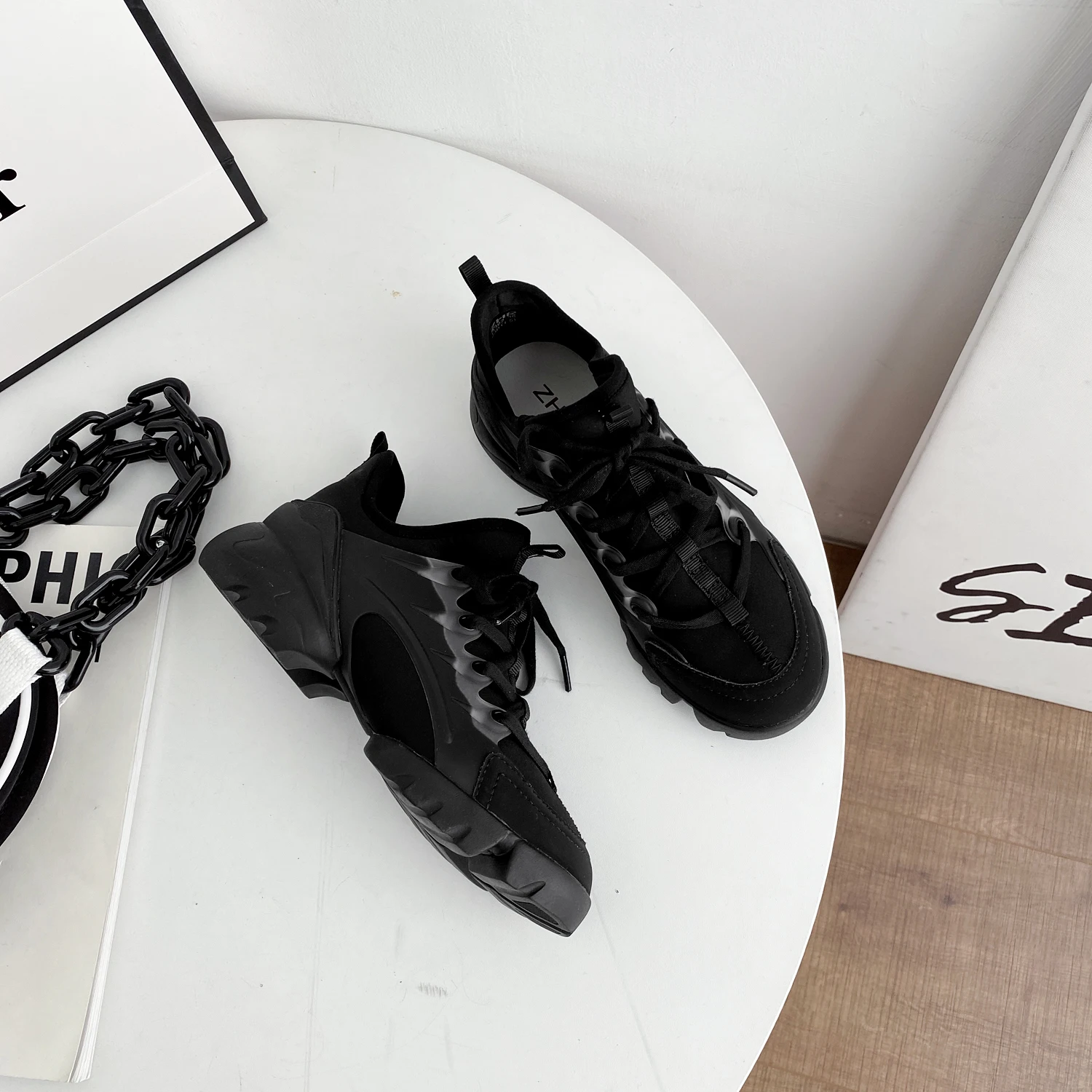 ZHR 2023  Wedges Sneakers Women Shoes Leather Chunky Heel Thick Bottom Round Toe Breathing Female Vulcanize Shoes G392