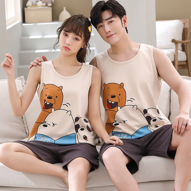 

Pajama Set Couples New Summer Clothes For Women Lovely Cartoon Vest Tops & Short Pants Men Pajamas Knitted Cotton Suit Nightwear