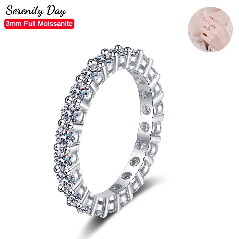 

Serenity Day S925 Sterling Silver Plated Pt950 White Gold Inlaid D Color 3mm 5mm Full Moissanite Row Ring For Women Fine Jewelry