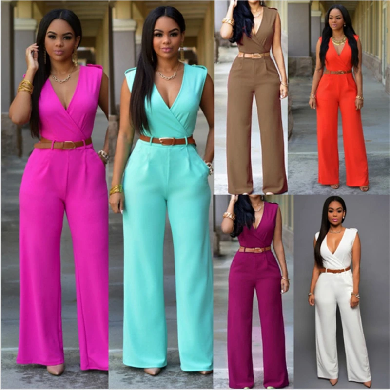 DEARIRIS Women's Sleeveless High Waist Wide Leg Romper Long Jumpsuit with Belt Solid Color