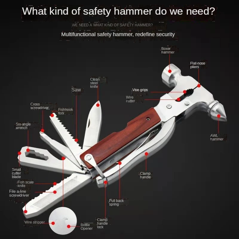 

16 In 1 Multifunctional Axe Hammer Outdoor Camping Stainless Steel Folding Knife Window Breaker Safety Hammer Emergency Tool