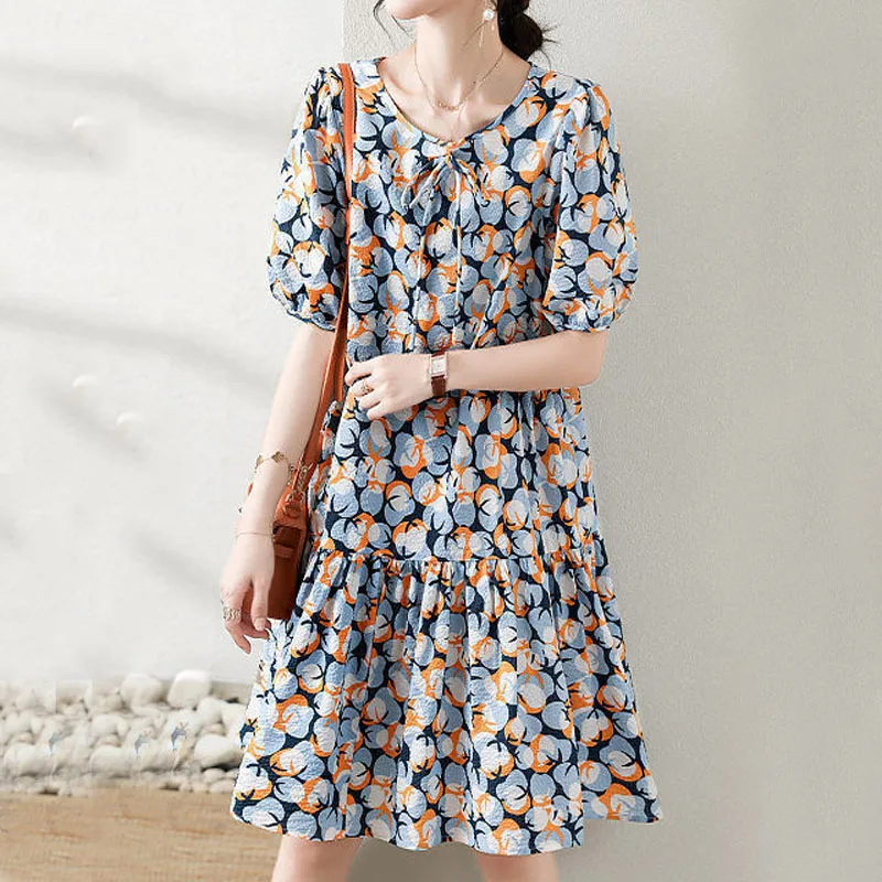 

2022 Summer New Ladies Puff Sleeve Printing Elegant Dresses Fashion Female Clothing O-Neck Lacing Loose Casual Dress for Women