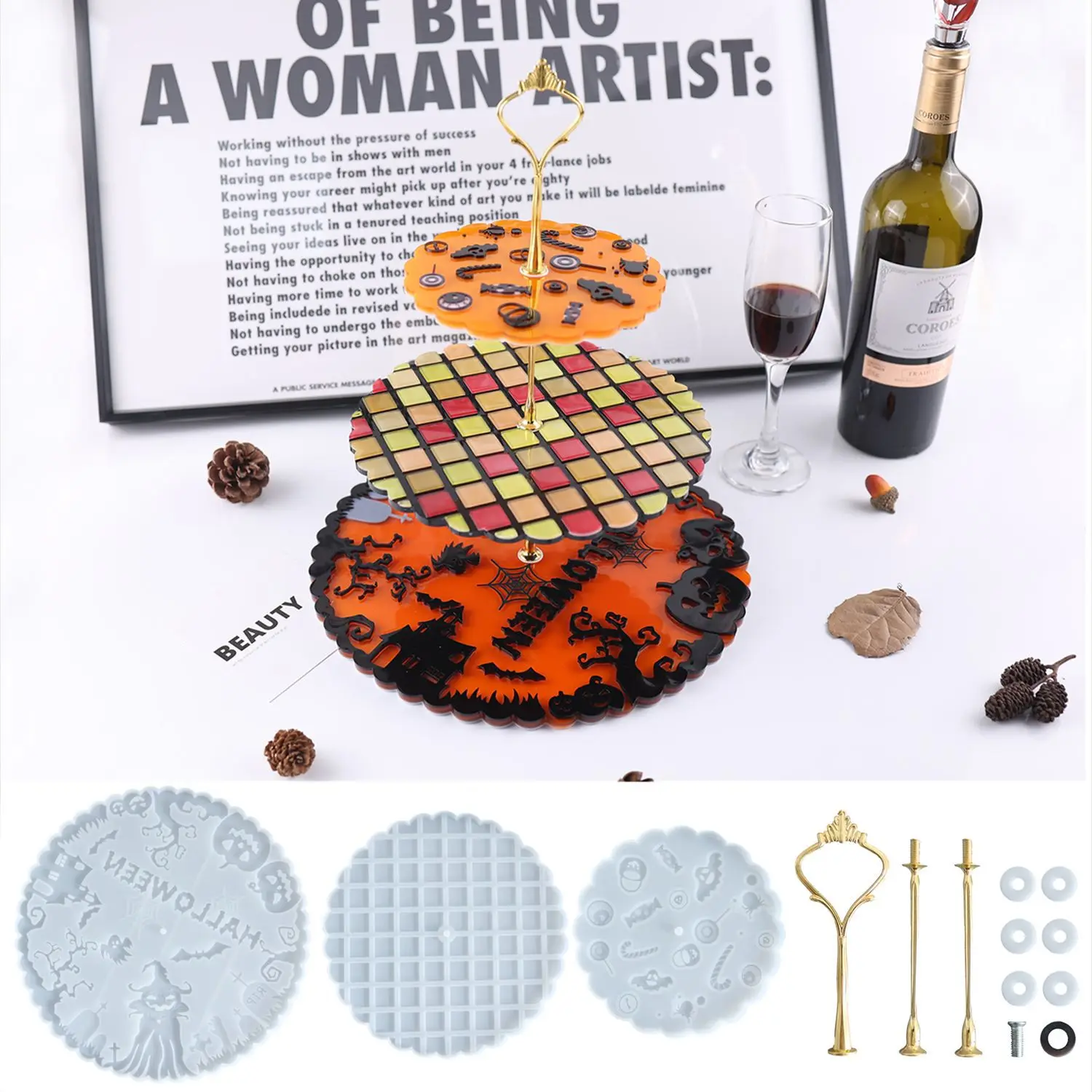 

DIY Crystal Epoxy Resin Mold Three-layer Halloween Tray Ghost Pumpkin Shelf Fruit Tea Plate Mirror Silicone Mold For Resin Decor